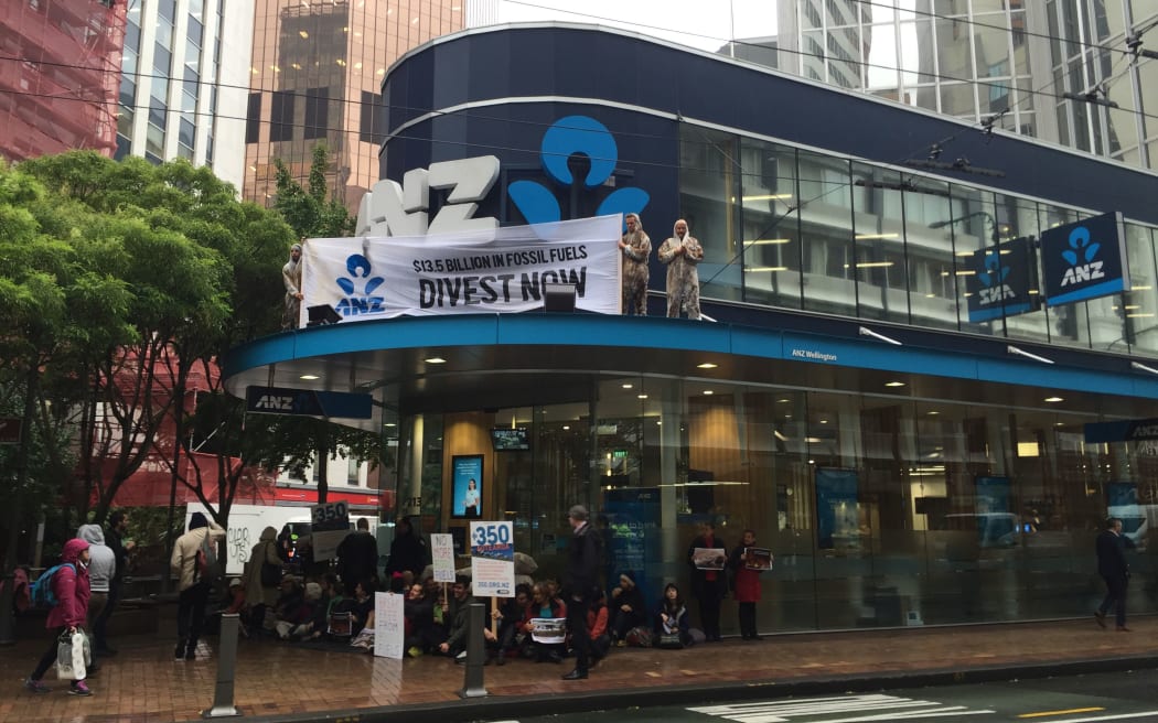 Protesters scaled the ANZ building on Lambton Quay, Wellington.