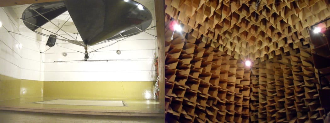 Left: the reverberation chamber where walls are tested for sound insulation properties. Right: an anechoic chamber where smaller items are checked for sound pressure levels - it's the quietest room in New Zealand.
