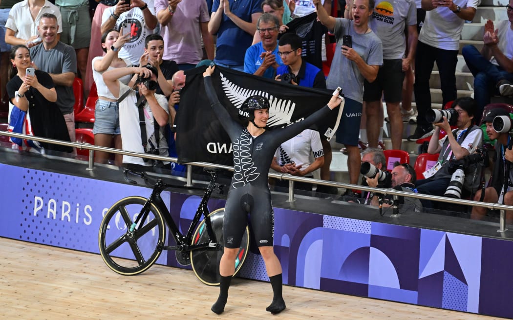 Ellesse Andrews celebrates after winning the Women's Sprint Final, Paris 2024 Olympics.