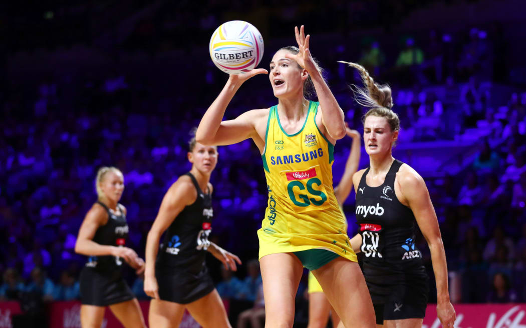 Caitlin Bassett of Australia playing against Silver Ferns.