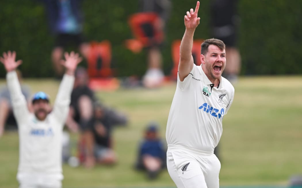 New Zealand bowler Jacob Duffy appeals unsuccessfully during play on Day 2 of the 3rd cricket test match between New Zealand and West Indies at Bay Oval in Mt Maunganui.