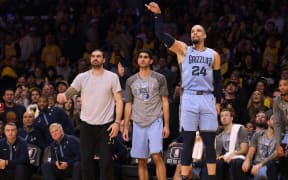 Steven Adams (L) on the sideline at a Memphis Grizzlies NBA game.