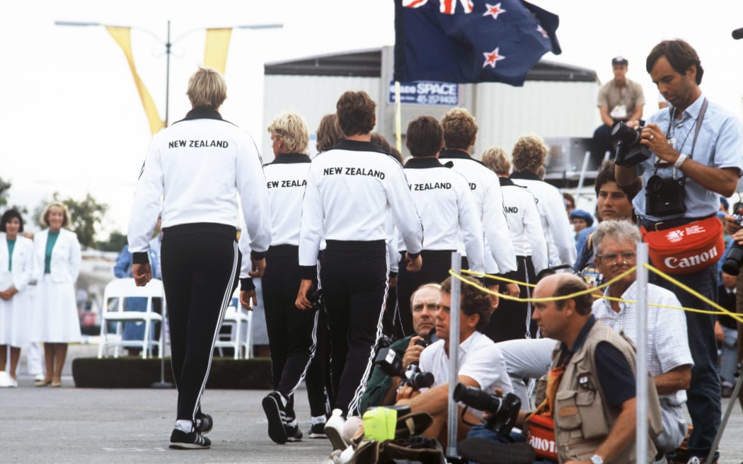 Members of the New Zealand team at Long Beach, California, during the 1984 Olympic Games in Los Angeles.