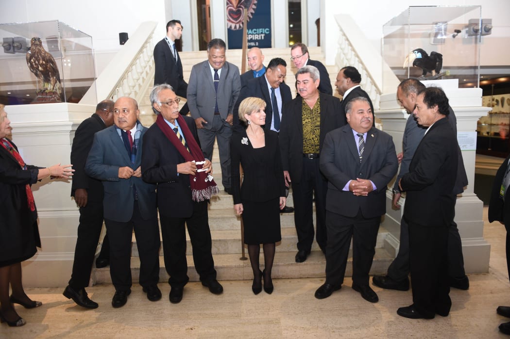 Australian Foreign Minister Julie Bishop (C) gathers ministers from the Pacific Island nations for a group photo ahead of the Pacific Islands Forum in Sydney on July 9, 2015.