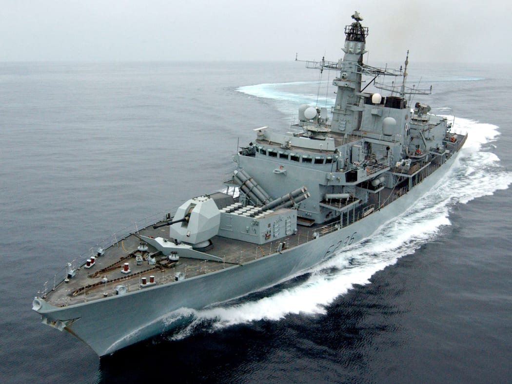 An October 2005 handout photo released in London on July 11, 2019, shows the British Royal Navy's HMS Montrose, a Type 23 Frigate, performing turns during excercise "Marstrike 05", off the coast of Oman.