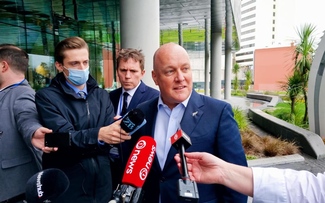 National Party leader Christopher Luxon speaks to media outside the National Party's annual conference in Christchurch on 6 August, 2022.