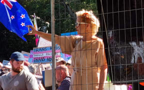 British anti-transgender activist Posie Parker, also known as Kellie-Jay Keen-Minshull, at a rally in Albert Park in central Auckland on 25 March 2023.