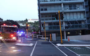 The remains of the large glass balcony after it fell off a high rise in central Wellington.