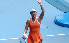 USA's Jessica Pegula celebrates a match point against compatriot Amanda Anisimova during their women's singles quarter-final match on day eleven of the Australian Open tennis tournament in Melbourne on January 28, 2026. (Photo by IZHAR KHAN / AFP) / -- IMAGE RESTRICTED TO EDITORIAL USE - STRICTLY NO COMMERCIAL USE --