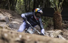 Brook Macdonald performs during practice at Red Bull Hardline  in Maydena Bike Park, Australia.