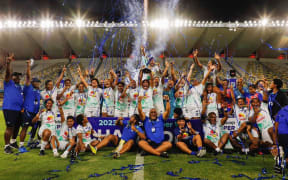 The Fijiana celebrate after their courageous Super W win over the Reds