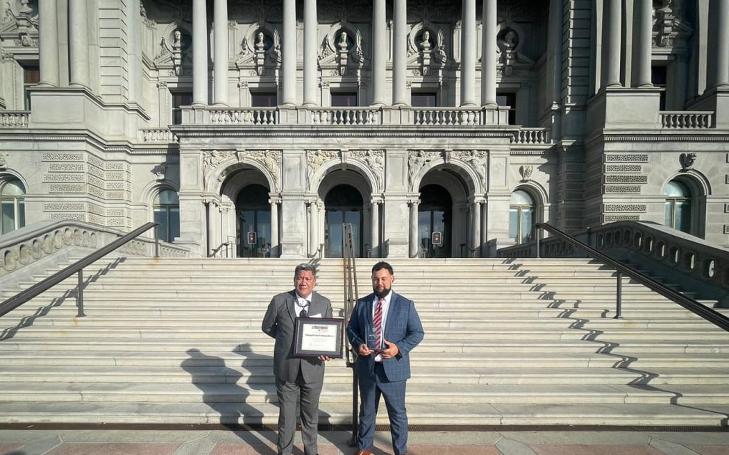 Hohepa Campbell (left) outside the Library of Congress.