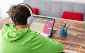 Boy is studying in front of the laptop.