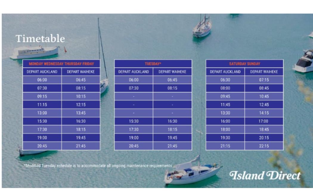 Island Direct Waiheke Island ferry timetable