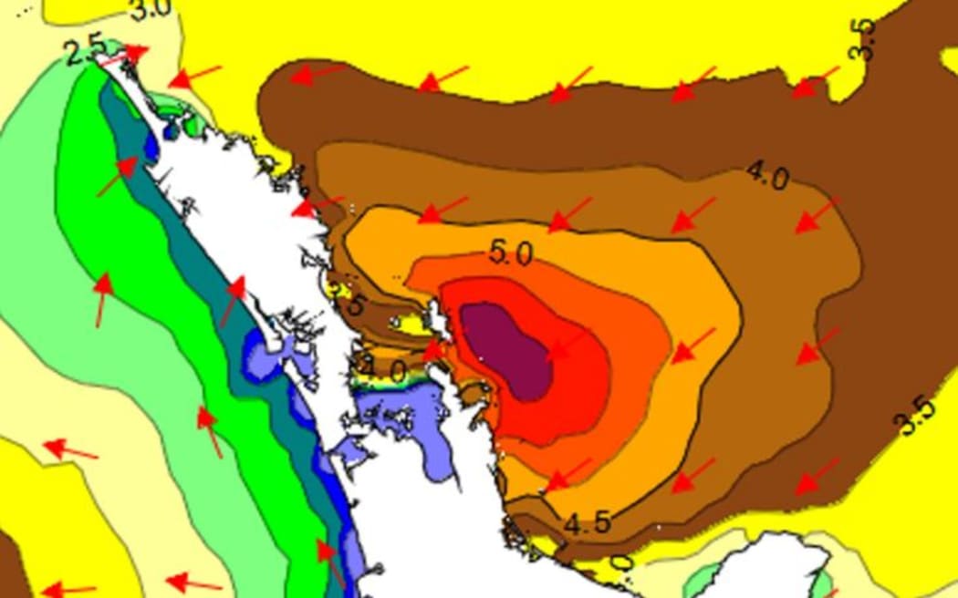 MetService says this image shows a worst case scenario for heavy northeast swell over eastern coasts of the North Island Sunday.