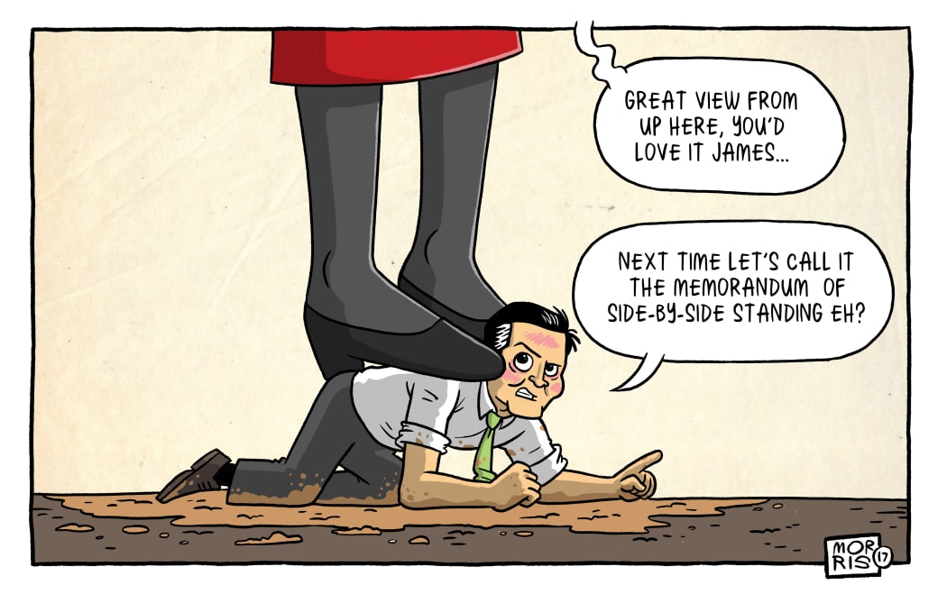 Jacinda Ardern is boosted up by James Shaw, with the Labour leader saying "great view from up here" and the Greens leader suggesting a "memorandum of side-by-side standing" would have been a better choice.
