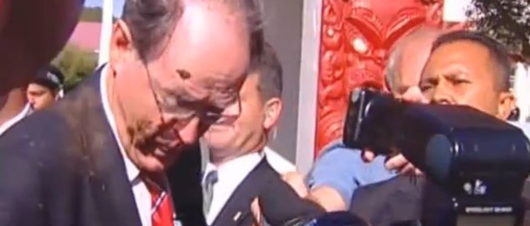 Then-National Party leader Don Brash has mud thrown at him by a protester at Waitangi's Te Tii Marae in 2004, days after his controversial speech at Orewa.