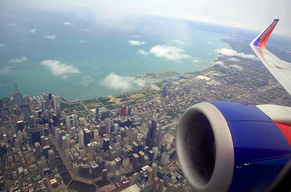 Chicago, Illinois seen from a Southwest Airlines plane.