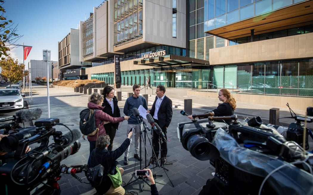 Gloriavale leavers outside Law Courts in Christchurch