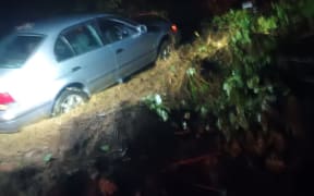 Rex Wade's car which was caught in a slip near Urenui on 19 September 2022.