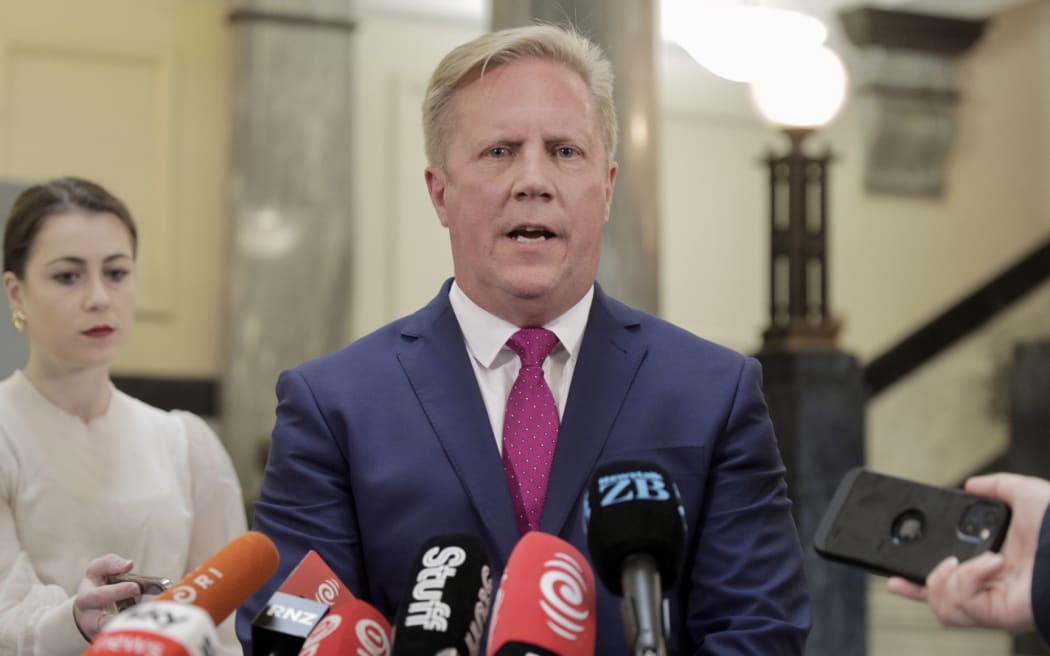Trade Minister Todd McClay talking to reporters after US President Donald Trump's tariff announcement on 3 April 2025.