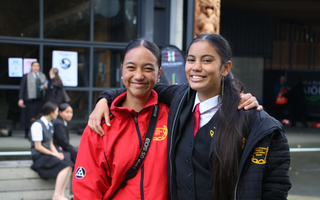 Te Kura Kaupapa Māori o Hoani Waititi Marae students Kaea Paniora (right) and Rereaio Kahi at Ngā Manu Kōrero Tāmaki ki te Waitematā.