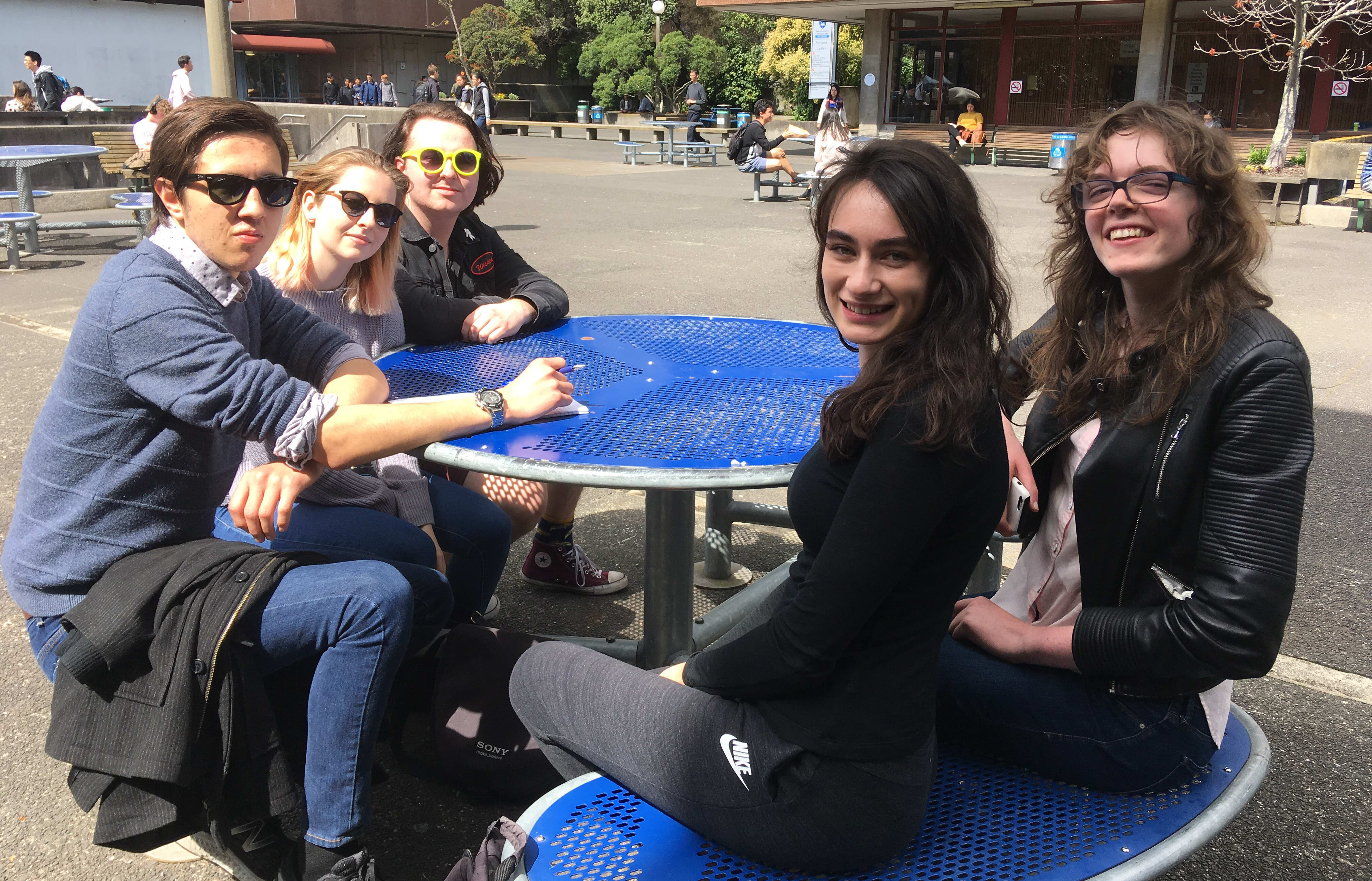 Undergraduate students at the University of Auckland: Isaac (left), Candice, Sean, Alex and Maddy.