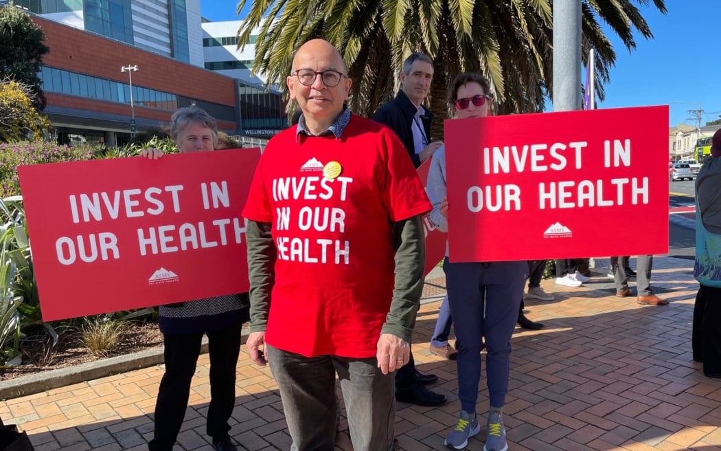 Julian Vyas on the picket line in Wellington.