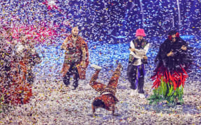 15 May 2022, Italy, Turin: Kalush Orchestra from Ukraine celebrates after winning the Eurovision Song Contest (ESC). The international music contest is held for the 66th time. There are 25 songs in the final out of the original 40 musical entries. Germany took the last place. Photo: Jens Büttner/dpa (Photo by JENS BUTTNER / DPA / dpa Picture-Alliance via AFP)