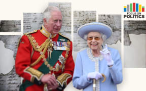 Focus on Politics branded image featuring Queen Elizabeth II and Prince Charles - now King Charles III - depicted against a backdrop of the Treaty of Waitangi.