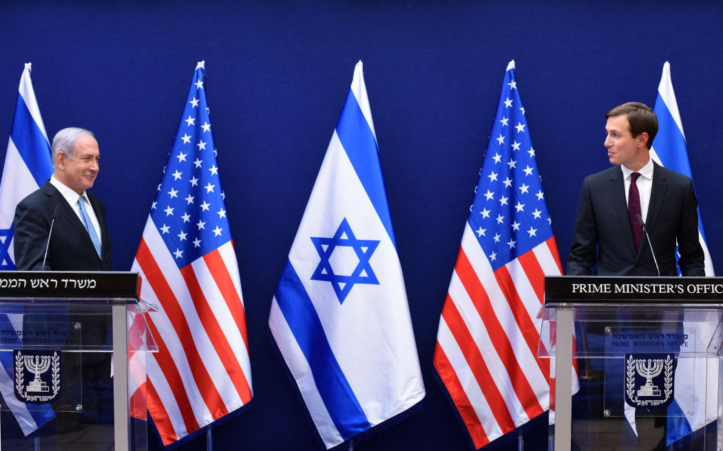 Israeli Prime Minister Benjamin Netanyahu (L) and US Presidential Adviser Jared Kushner make joint statements to the press after their meeting in Jerusalem, on August 30, 2020, about the Israel - United Arab Emirates agreement to normalise relations. (Photo by DEBBIE HILL / POOL / AFP)