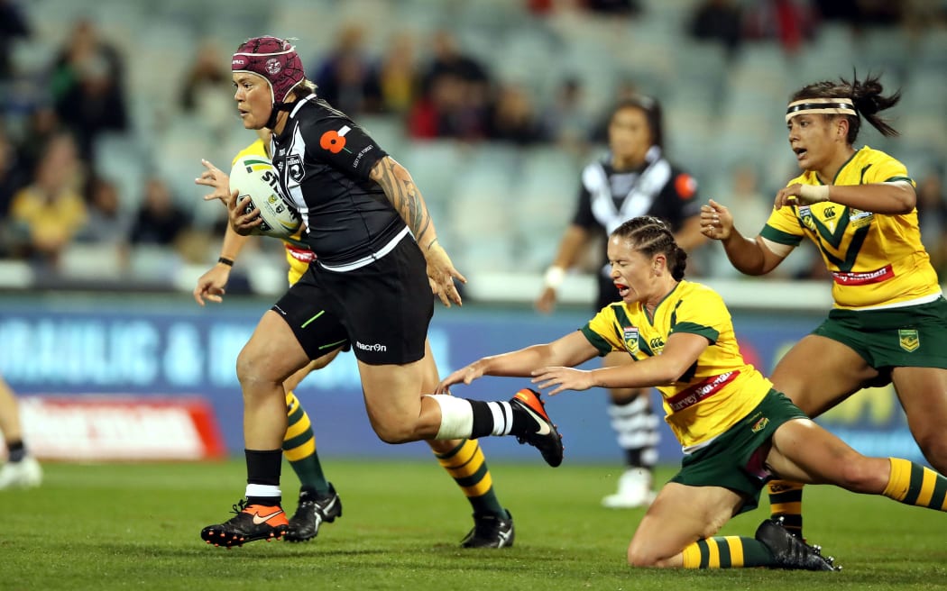 Kiwi Fern Laura Mariu in action against Jillaroos in 2017 test