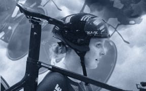 Composite of Olivia Podmore wearing helmet and carrying bicycle with track cyclists and clouds.