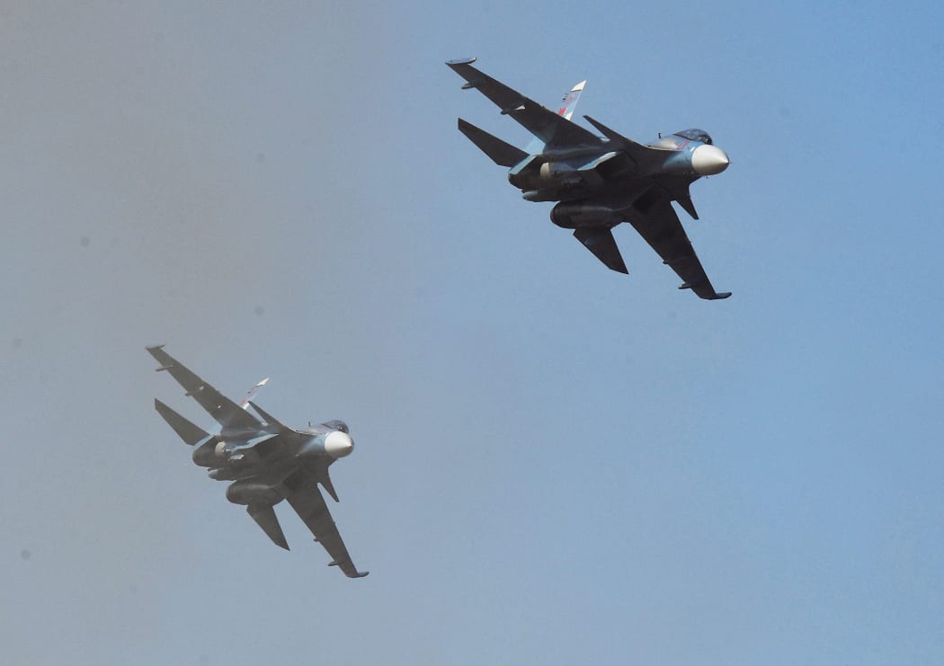 Sukhoi Su-30SM fighter jets take part in joint Russian-Belarusian military exercises at the Obuz-Lesnovsky training ground in Belarus.