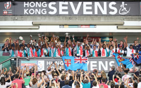 Fiji celebrate winning their fifth consecutive Hong Kong Sevens title.