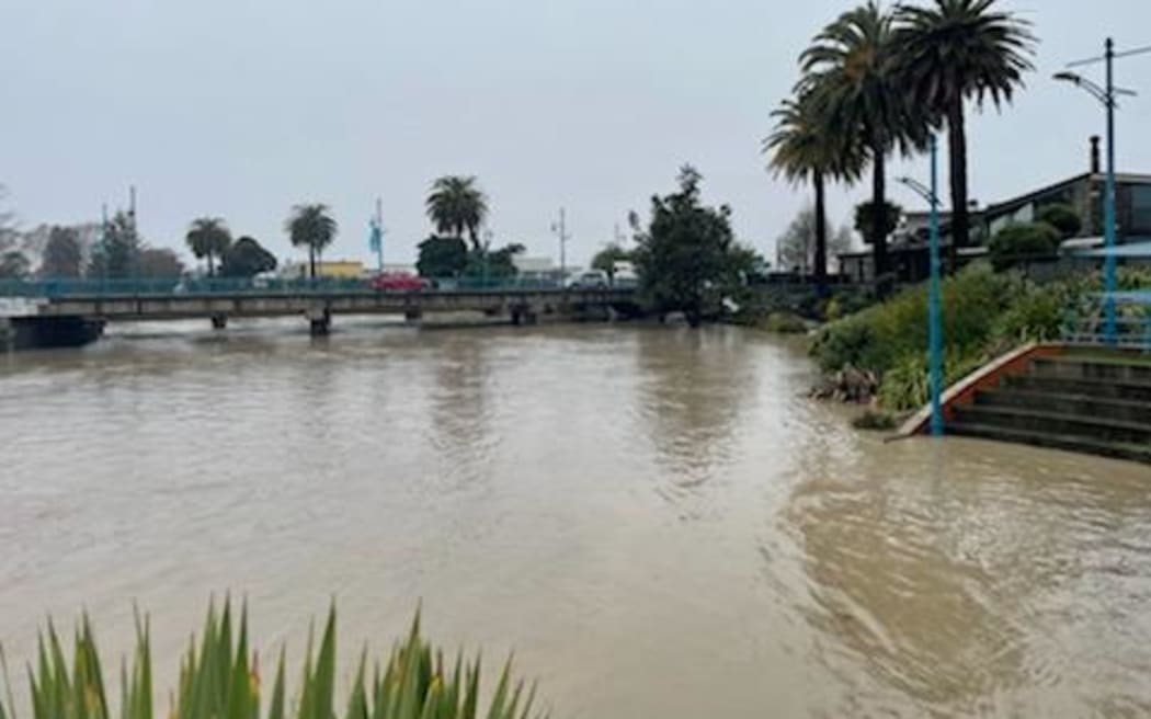 A flooded Taylor River in central Blenheim on 12 July 2022.