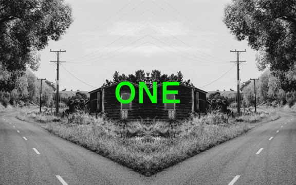 Podcast episode image for the 'Mr Lyttle Meets Mr Big' podcast. A moody black and white photograph of a rural house and road is mirrored vertically creating a Rorschach like effect with the episode number 'ONE' overlaid in vibrant green.