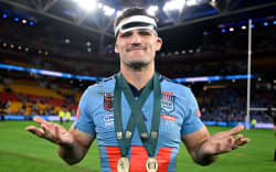 NSW Blues Nathan Cleary celebrates State of Origin win.
