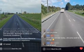 A view of the road, with text from a livestream viewer in front.