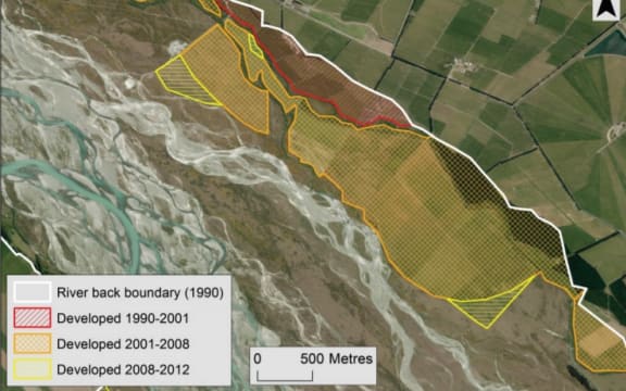 Aerial photographs showing example of river margin vegetation clearance and land use change in the lower Rakaia River