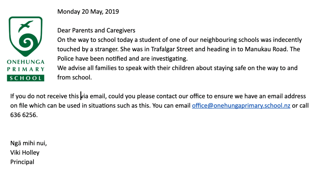 The letter sent by Onehunga Primary School.