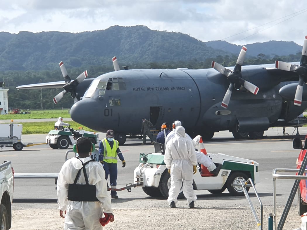 Royal New Zealand Air Force plane arrives in Port Vila with relief supplies bound for Vanuatu islands affected by Cyclone Harold.