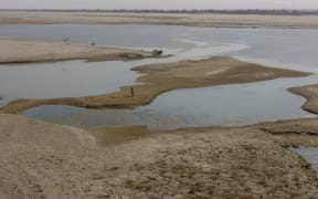 A view of a dry path of Indus River in Jamshoro and Kotri district in Hyderabad, Pakistan, on May 6, 2025. Pakistan has warned of a full force response to any attempt by India to divert or block its share of water under the Indus water treaty.