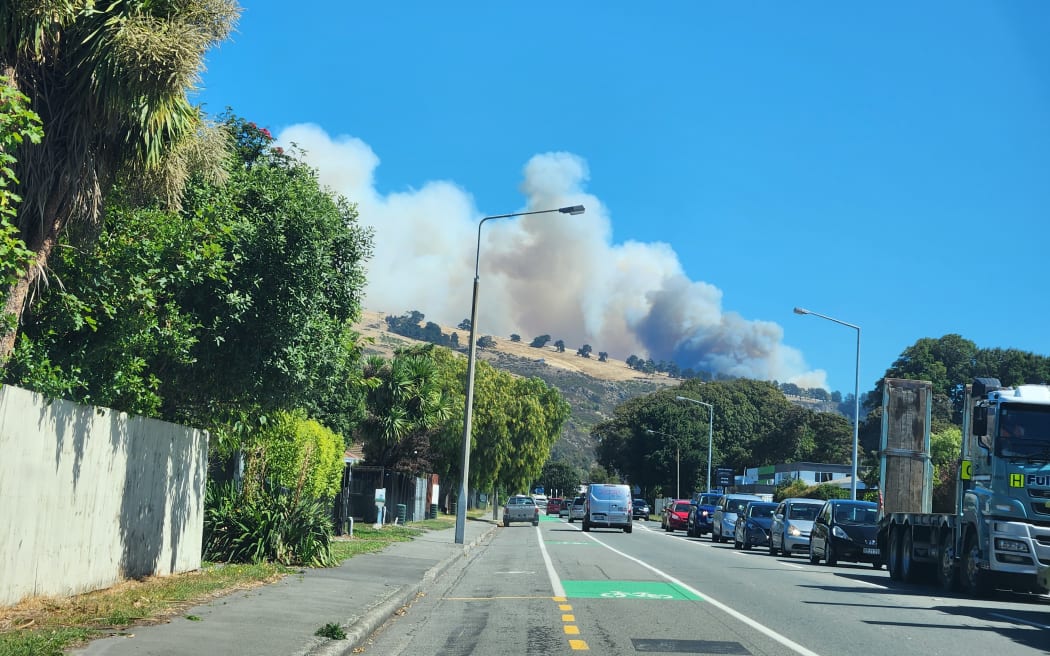 The Port Hills fire on 14 February 2024 as seen from Rutherford Street in the suburb of Woolston at about 3.30pm.