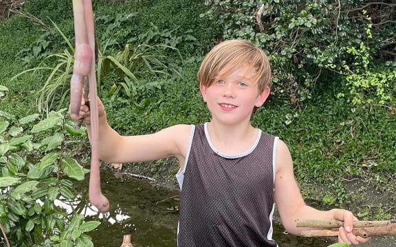 Barnaby Domigan discovered a giant earthworm in his back yard in Christchurch.