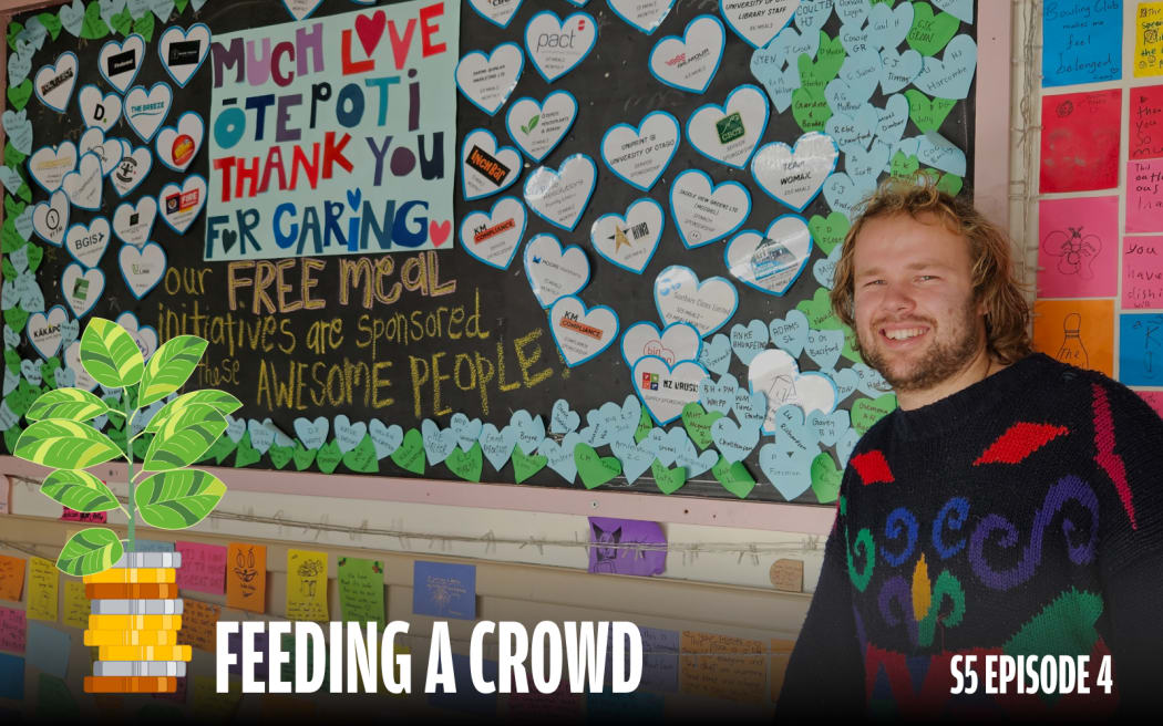Smiling person in a colourful sweater stands in front of a wall covered in heart-shaped cutouts with names and logos, alongside a large handmade sign reading “Much love Ōtepoti, thank you for caring. Our free meal initiatives are sponsored by these awesome people.” A stylised plant growing from stacked coins appears on the left. Text at the bottom reads “Feeding a Crowd – S5 Episode 4.”