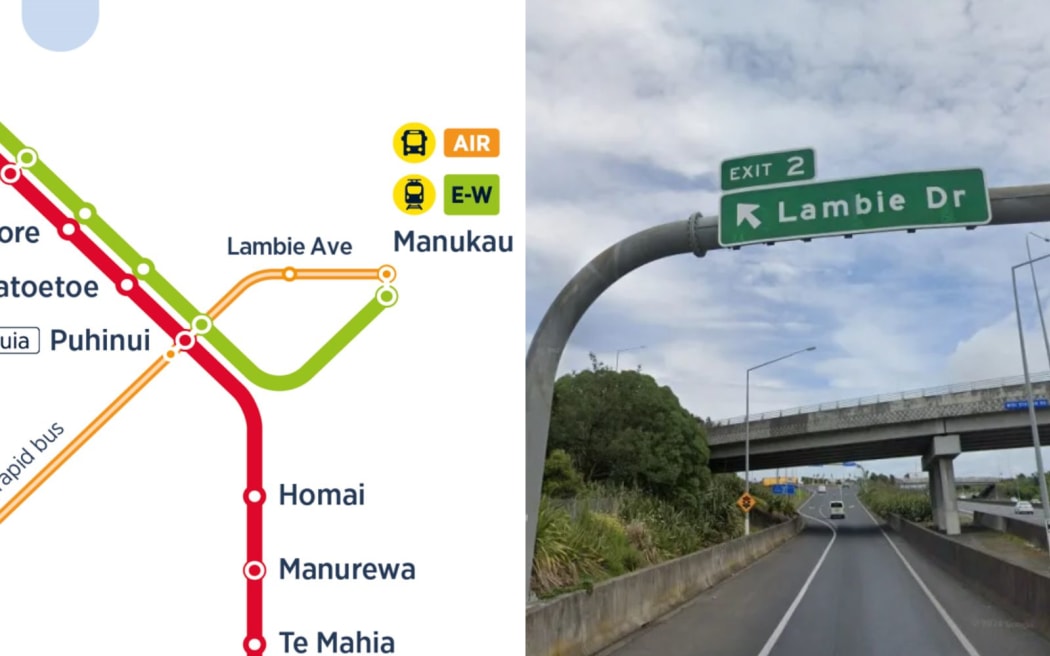 Lambie 'Ave' as it appeared on an Auckland Transport map, alongside a Google Maps image of Lambie Drive.