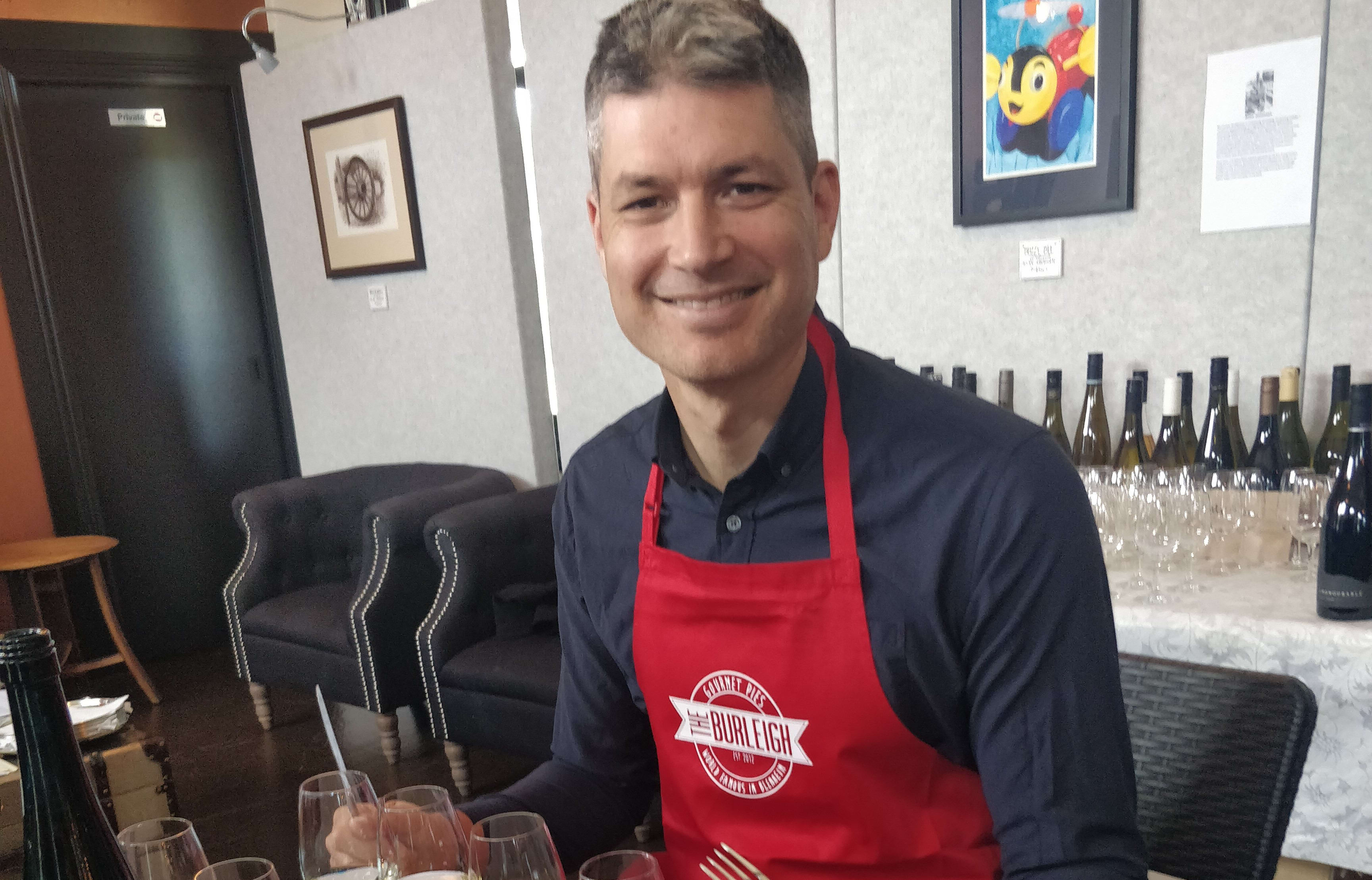 Jesse getting ready to taste 47 pies and the wines matched to them