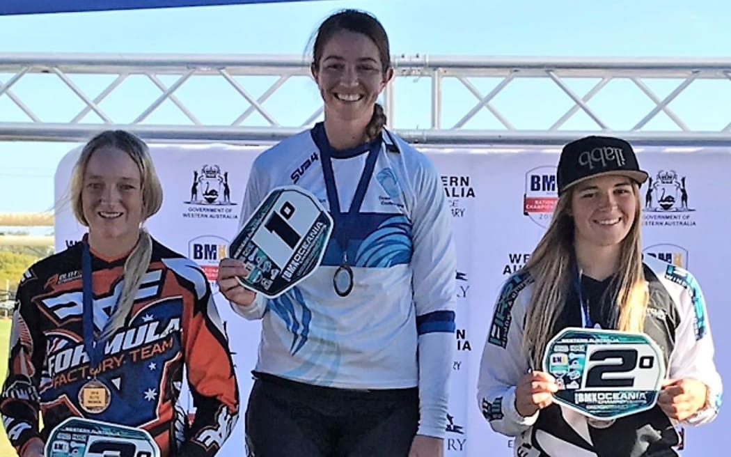 Sarah Walker atop the podium at the Oceania BMX championships. Fellow NEw Zealander Rebecca Petch (right) was second.