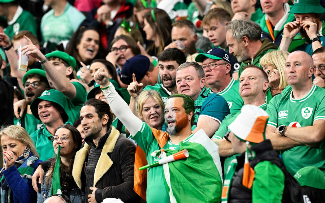 Ireland fans and supporters during the Rugby World Cup France 2023, Ireland v New Zealand All Blacks Quarter Final match at Stade de France, Saint-Denis, France on Saturday 14 October 2023.